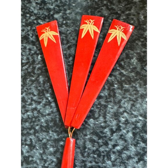 Vtg Japanese Kanzashi Hair Stick Red Hand Painted 3 Fan On Metal Lacquer main image 7